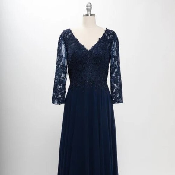 New A-Line Formal Floral Lace Embellished MOB Maxi Gown w/ 3/4 Sleeves TC M2758Q - Picture 3 of 8